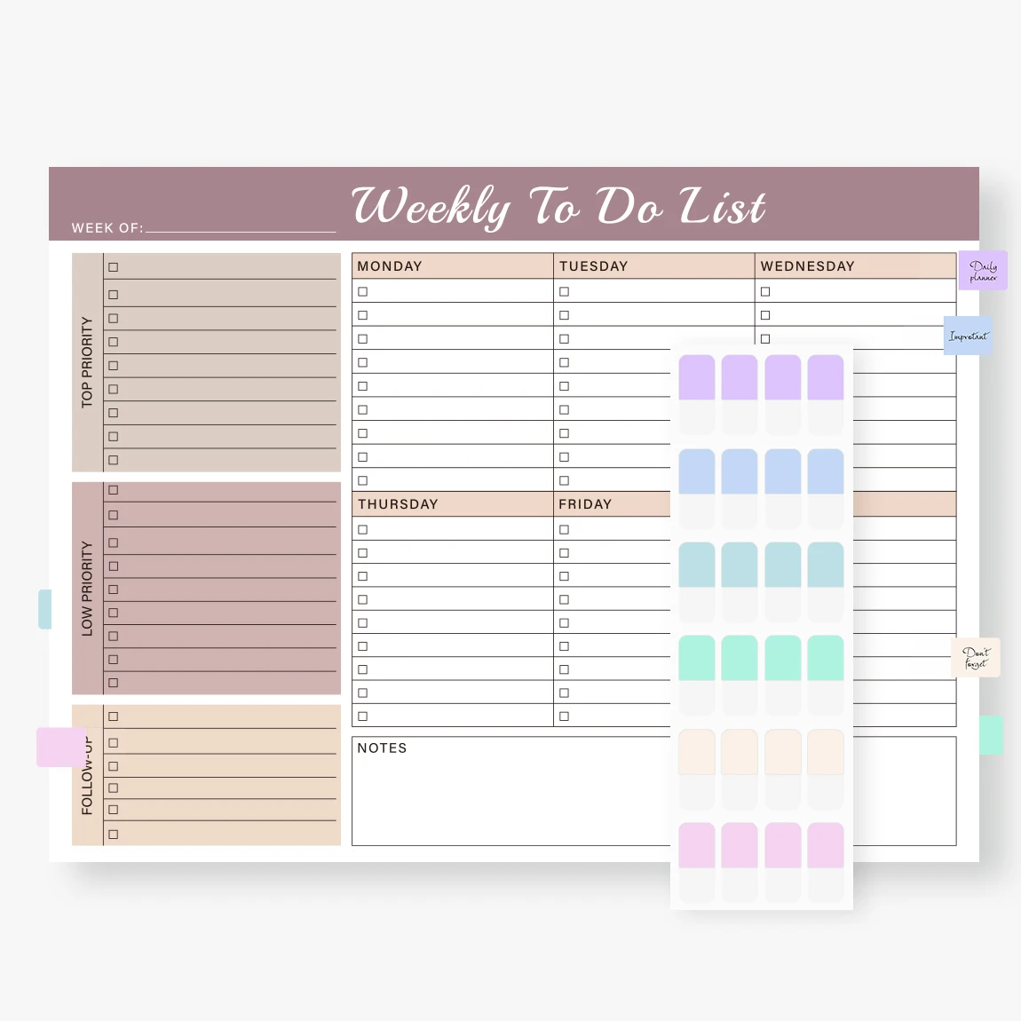 A4 wekelijkse takenlijstplanner, ongedateerd taakorganisatorblok met topprioriteiten, follow-up, notities voor kantoor- of schoolgebruik