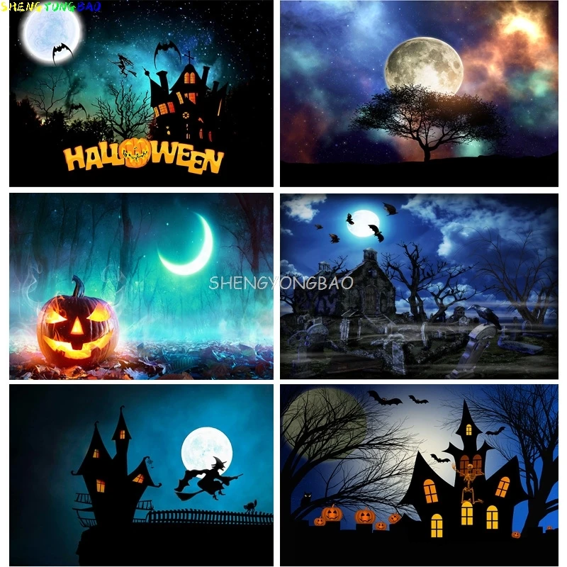 

Halloween Backdrop Pumpkin Lantern Castle Forest Moon Tombstone Baby Photography Background For Photo Studio Props 21802 WS-07