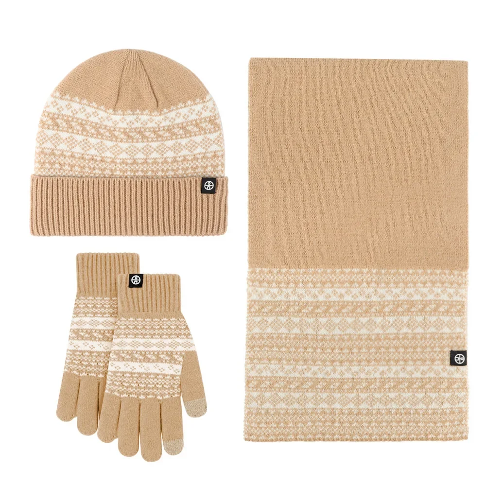 Solid Simple 3Pcs Knitted Set Winter Warm Beanie Hat Long Scarf Touch screen Gloves Hat for Women Men