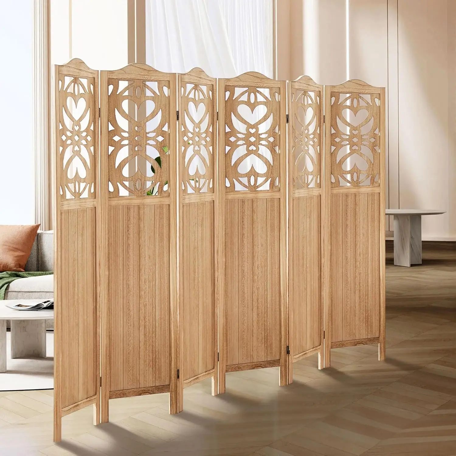 

6 Panel Room Divider Fully Assembled, Carved Room Dividers and Folding Screens, 5.6Ft Wood Room Divider Screen Freestanding Part