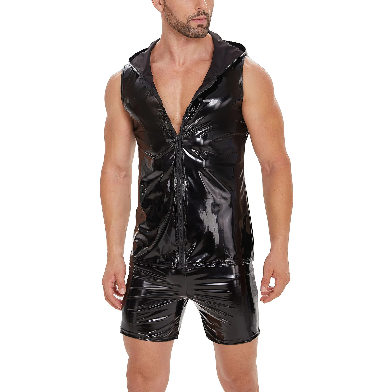 Plus Size Mens Shiny Leather Tank Top Full Zipper Glossy PVC Leather Hoodies T-Shirts Sleeveless Wetlook Latex V-Neck Vest