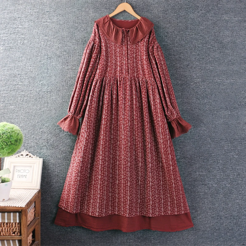 Sweet Mori Girl Vintage Floral Print Fake Two Pieces Cotton Linen Dress Women Peter Pan Collar Long Sleeve Casual Loose Dresses