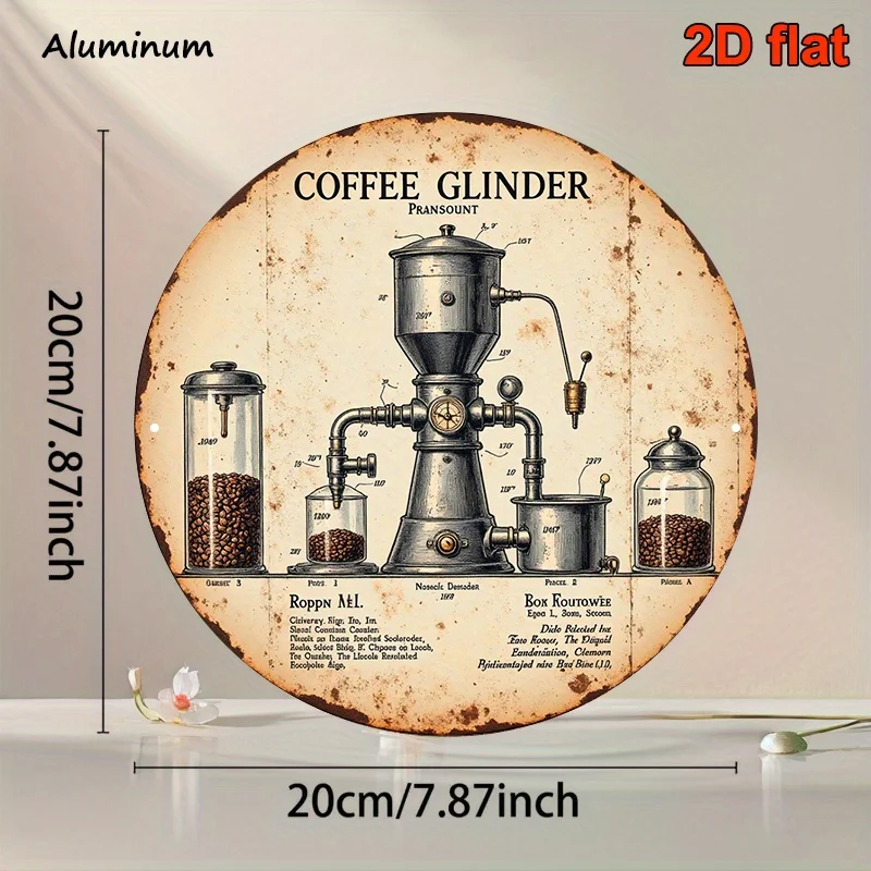 CIFBUY Vintage Industrial Coffee Grinder Round Metal Sign Aluminum Wall Art Waterproof Durable Decor for Kitchen Bar Office Gara
