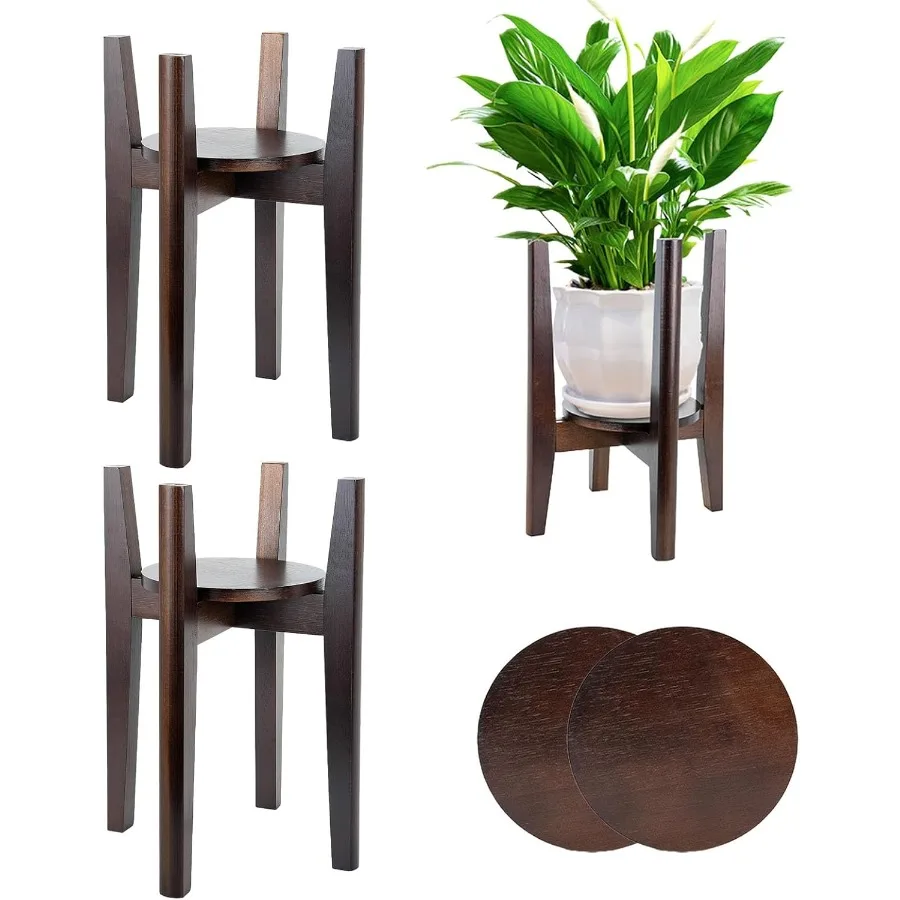 

2 Packs Adjustable Plant Stand with TrayIndoor Wood Plant Stand Fit 8'' to 12'' Planter Mid Century Modern Flower Pot Holder Ra