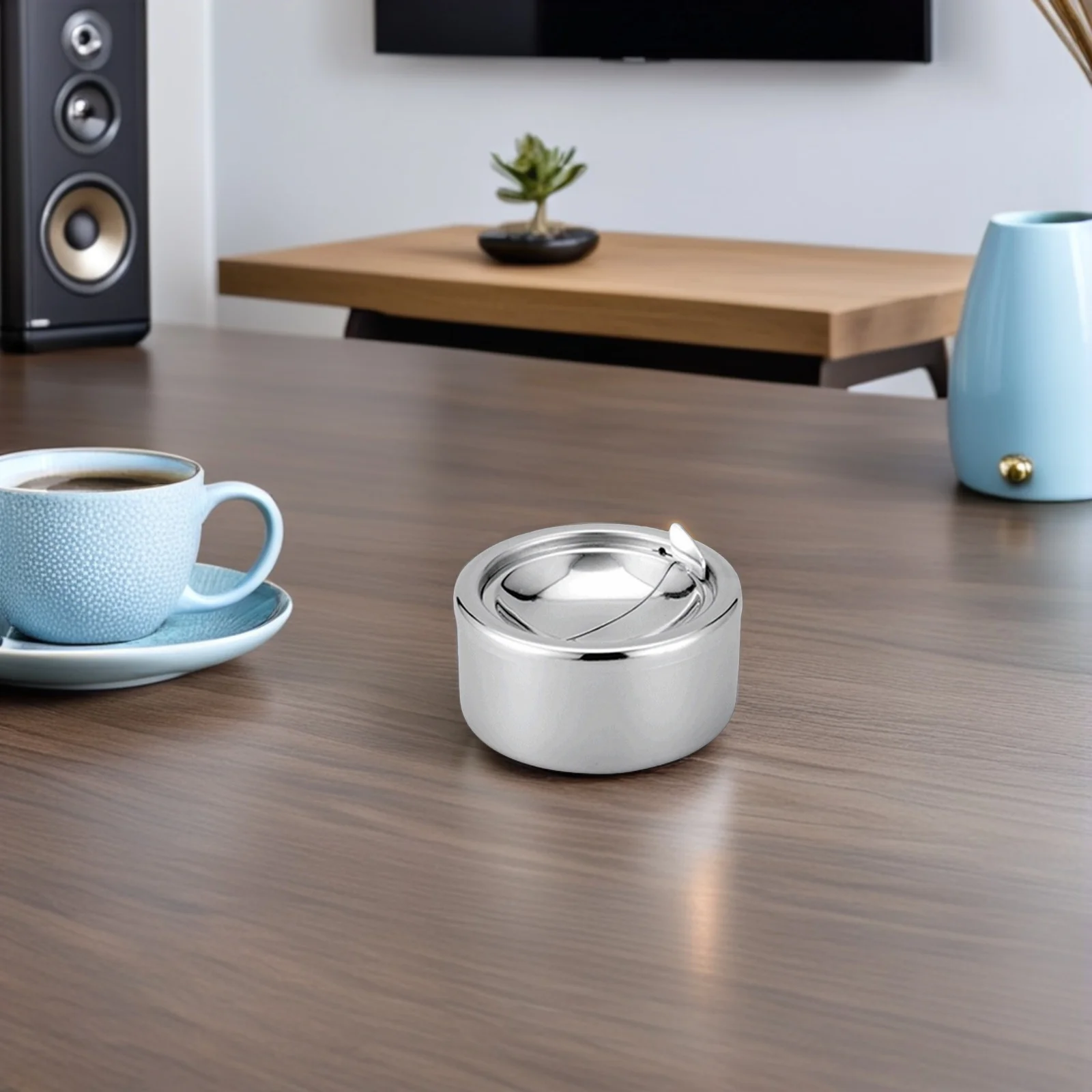 1 قطعة منفضة سجائر مفتوحة أوتوماتيكية من الفولاذ المقاوم للصدأ سعة كبيرة مقاومة للرياح منفضة سجائر محمولة للمنزل والمقهى والفندق #5