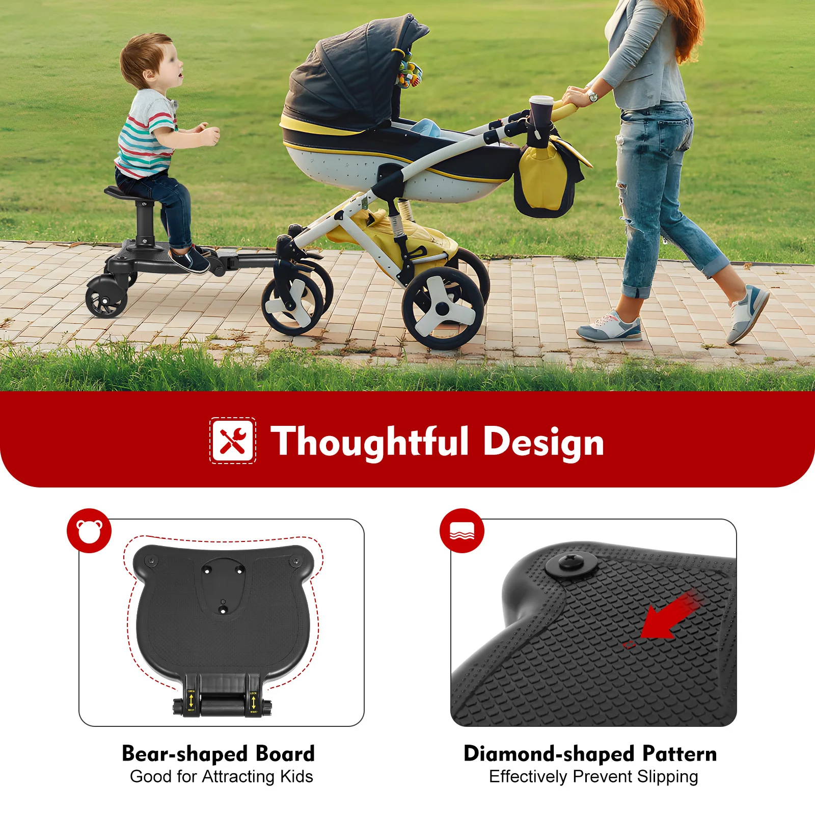 Black 2 in 1 Baby Stroller Board, Fashion Pram Pedal Adapter with a Removable Seat for 3-7 Years Old Children,  Load 55.11lbs