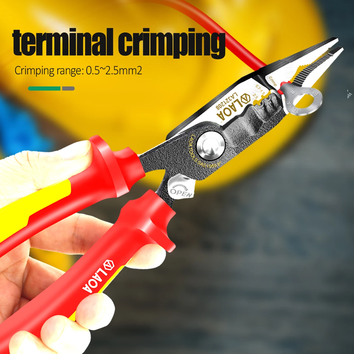 LAOA 1000V VDE Insulated Electrician Pliers 6 in 1 – Stripping 0.7-2.5mm², Crimping 0.5-2.5mm², Cutting 15-50mm² 210mm