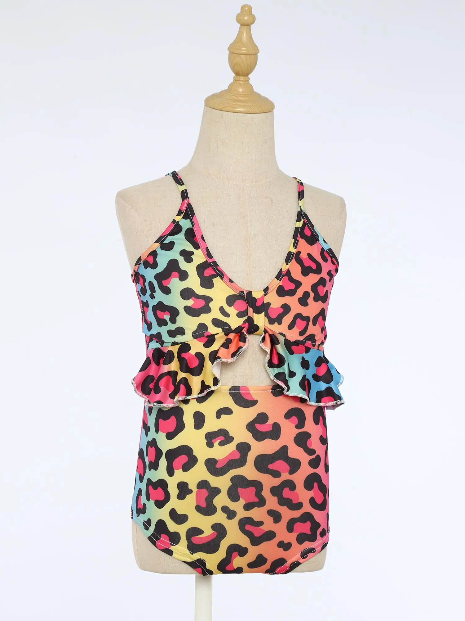 

Kids Girls Cute Summer Swimsuit Spaghetti Straps Cut Out Ruffle Jumpsuit Colorful Leopard Print Beach Holiday Bathing Swimwear