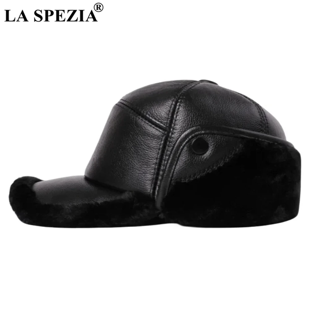 LA SPEZIA Brand New Design Winter Cap Man Earflap Bomber Hat Men Real Leather Warm Cowskin Russian Hat with Fur Black Brown