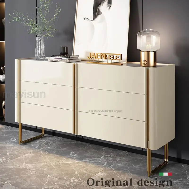 Simple Marble Top Stainless Steel Leg Kitchen Sideboard Modern Light Luxury Slate Living Room Side Cabinet With Six Drawers