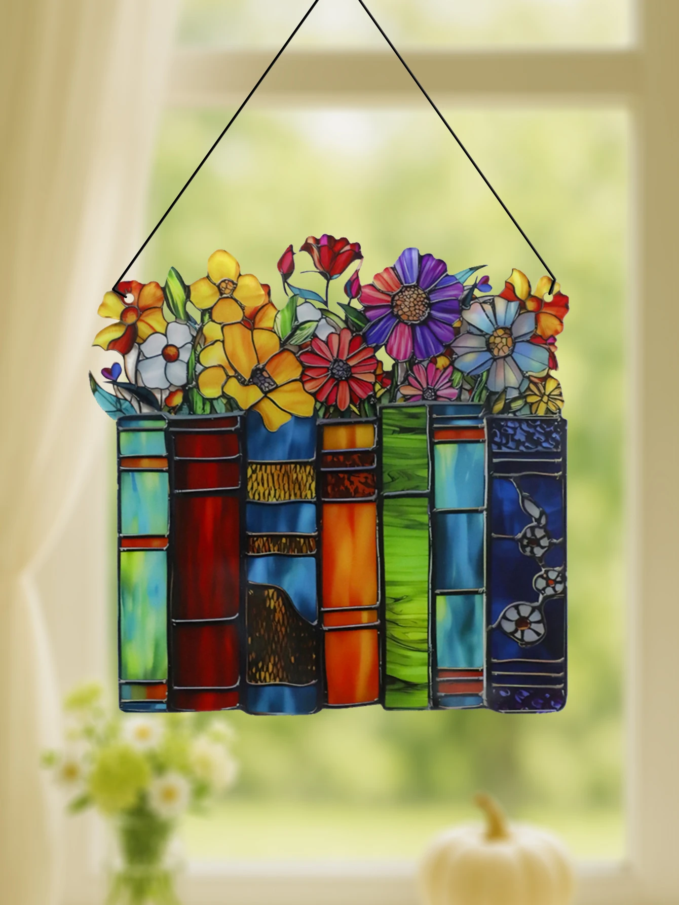 Bunte Bücher und Blumen, hängende Ornamente, Acryl-Sonnenfänger, Fensterdekoration, künstlerischer Wandanhänger für Zuhause, Garten und Lesecke