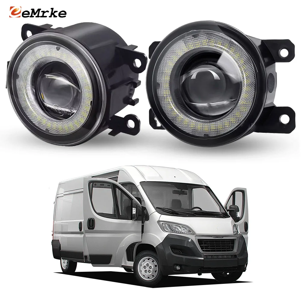2x LED Fog Lights with Glass Lens + Angel Eyes Halo DRL Ring Daytime Running Light Car Lamp for Peugeot Boxer Manager 2015-2023