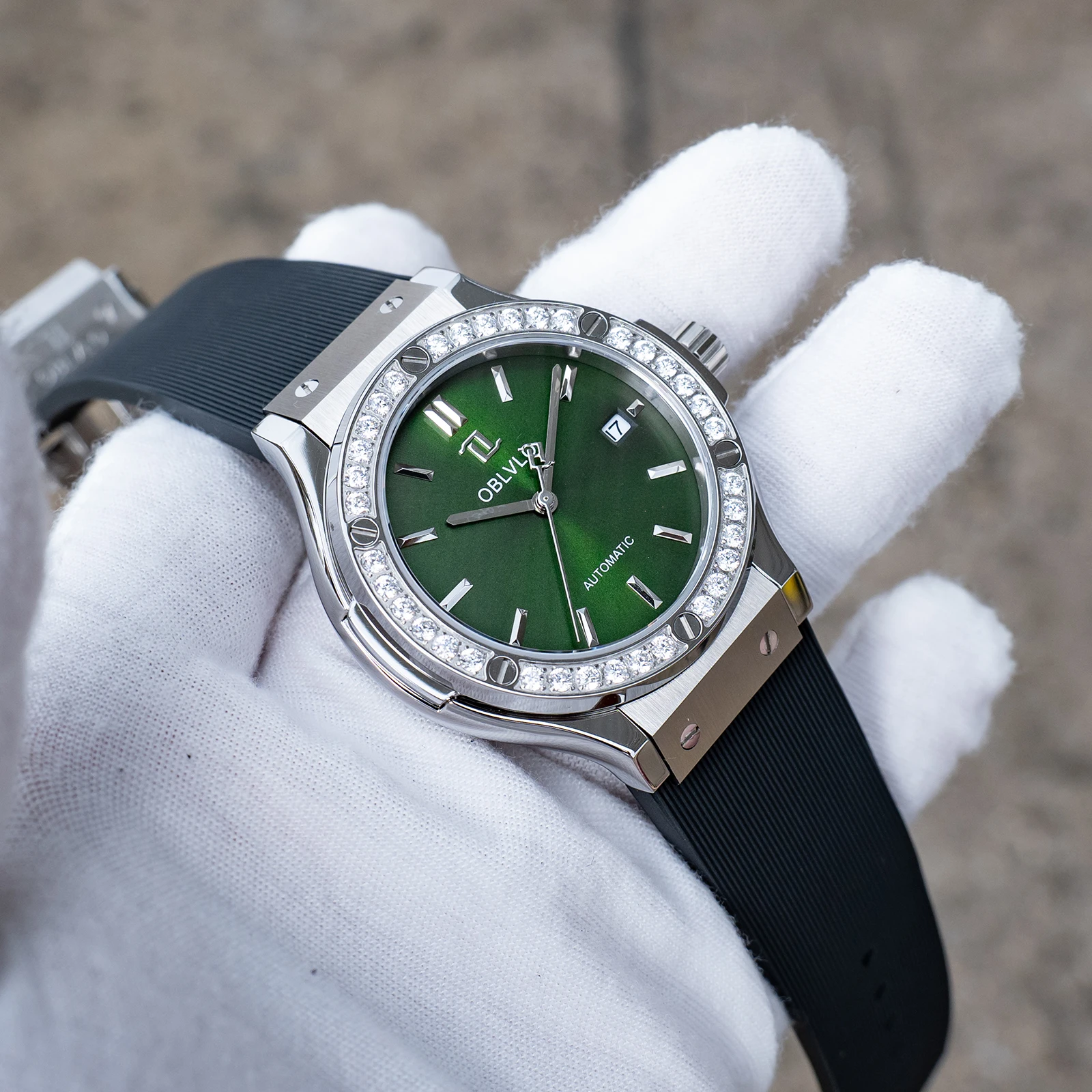 OBLVLO Men's Classic Watch with Diamonds Bezel Green Dial 50m Waterproof Silicone Strap Automatic Mechanical Movement HM-SIM-D
