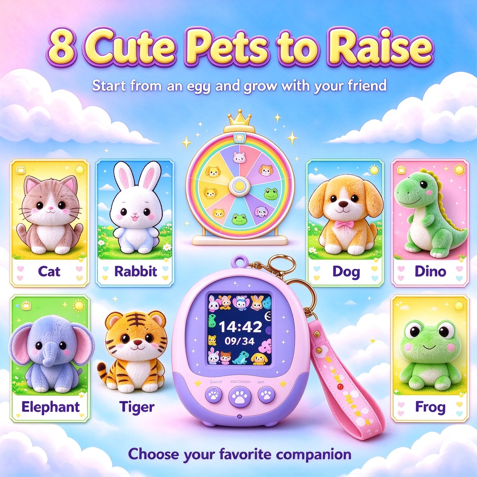 Christmas Gift! Colorful Large-Screen Virtual Pet Toy, 2026 New Handheld Electronic Digital Pet Game Console, Comes with a Keychain, 8 Cute Pets to Raise, Halloween Gift, Creative Gift, Stocking Stuffer for Christmas (
