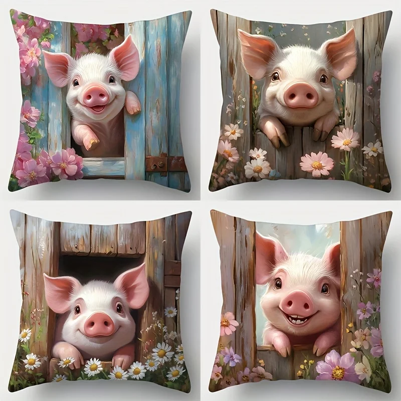 4 Stück niedliche Schweine-Kissenbezüge, 45 x 45 cm, doppelseitig bedruckte Kissenbezüge, lustige Schweinchen, Nutztiere, Heimdekoration, Dekokissen, Nr
