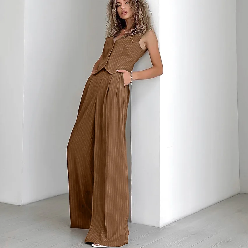 

2025 New Sexy Temperament with Wide Shoulder Strap V-neck Sleeveless Waistcoat Mid-waist Slim Broadfoot Pants Autumn Casual Suit