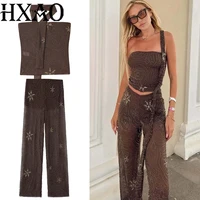 HXAO Conjunto de dos piezas de tul para mujer, pantalones holgados con lentejuelas, Top corto sin tirantes, pantalones largos con cuentas, conjuntos de 2 piezas, pantalones semitransparentes