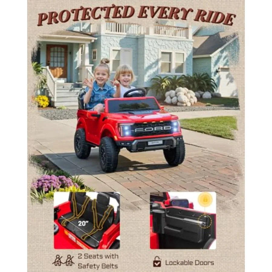 24V 2人乗り子供用乗用玩具、ライセンス取得済みのフォードF-150ラプター子供用電動車両、リモコン、パワーペダル、耐久性付き