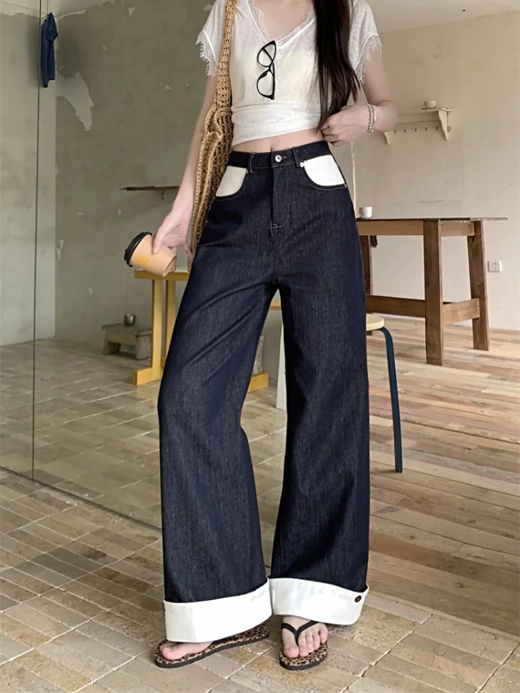 

2025 Cyber Y2K Fashion Contrast Color Baggy Casual Jeans Pants For Women Clothing Kpop Elegant Lady Denim Trousers Ropa Mujer