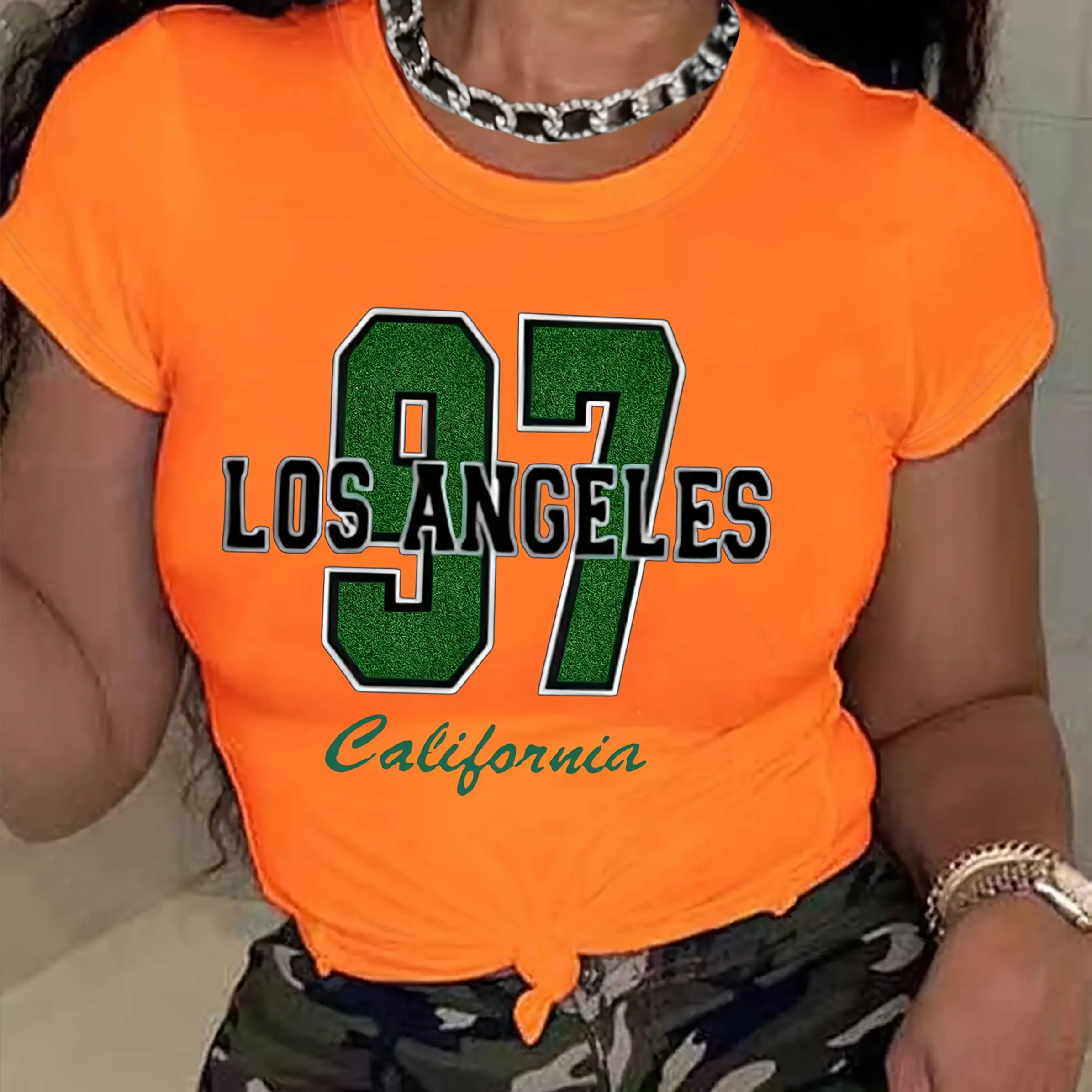 

Plus Size Women's Casual Crew Neck T-Shirt with Sequin Arabic Numerals Printed Short Sleeve Top for Summer Ladies Casual Tops