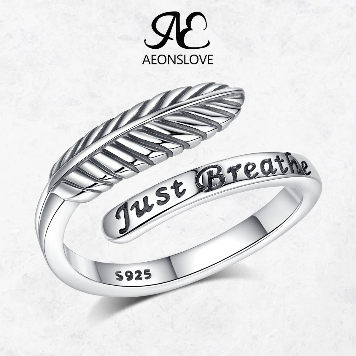 

AEONSLOVE 925 Sterling Silver Feather Open Ring Vintage Adjustable Just Breathe Ring Spiritual Jewelry Unique Gift for Women Men