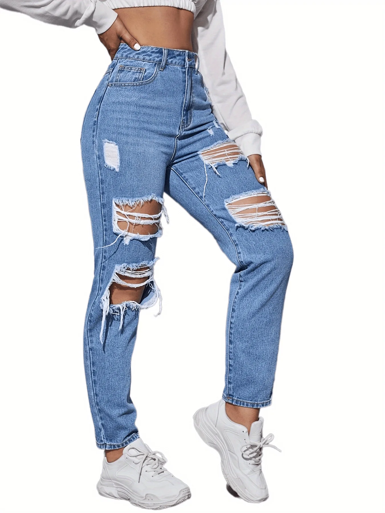 Acolchoado Holey Calças jeans femininas de cintura alta casuais para mamãe roupas jeans rasgados para mulheres jeans azuis