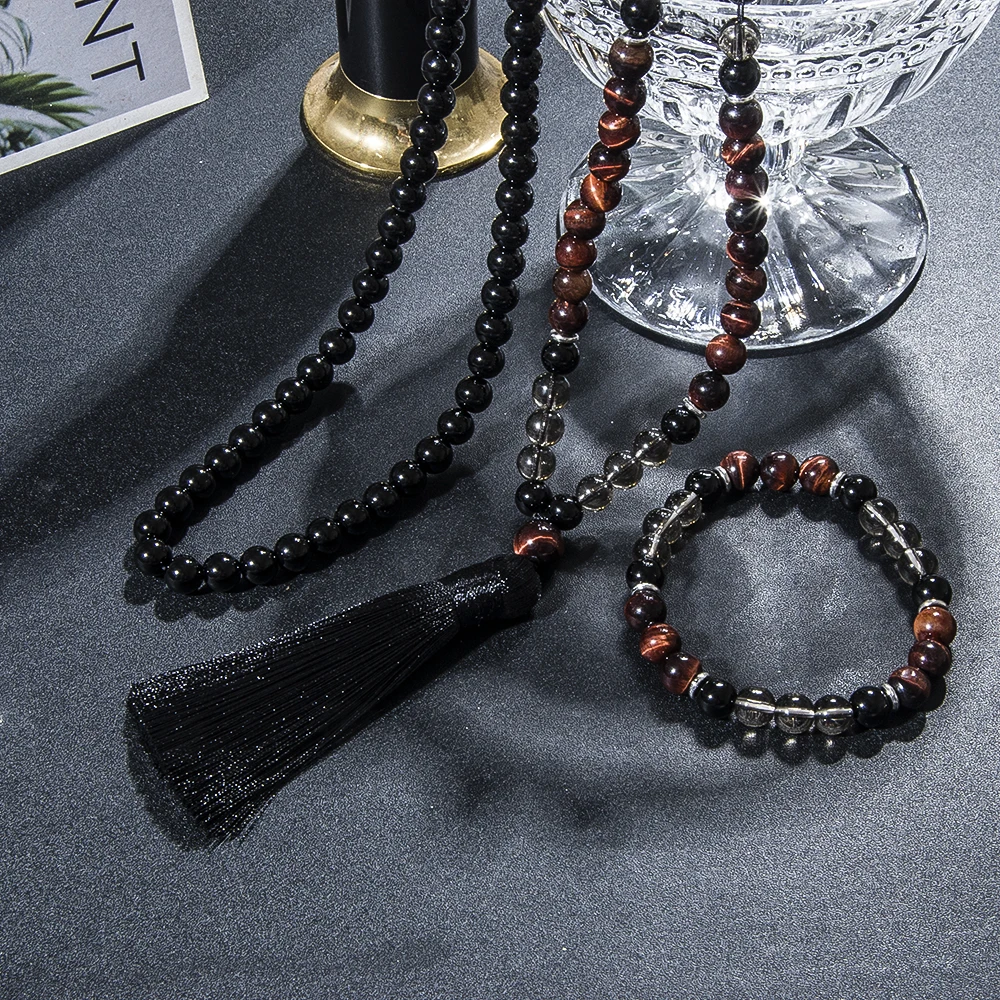 8mm Red Tiger Eye Black Onyx 108 Mala Beaded Necklace Yoga Prayer Meditation Rosary for Men and Women Japamala Jewelry Set