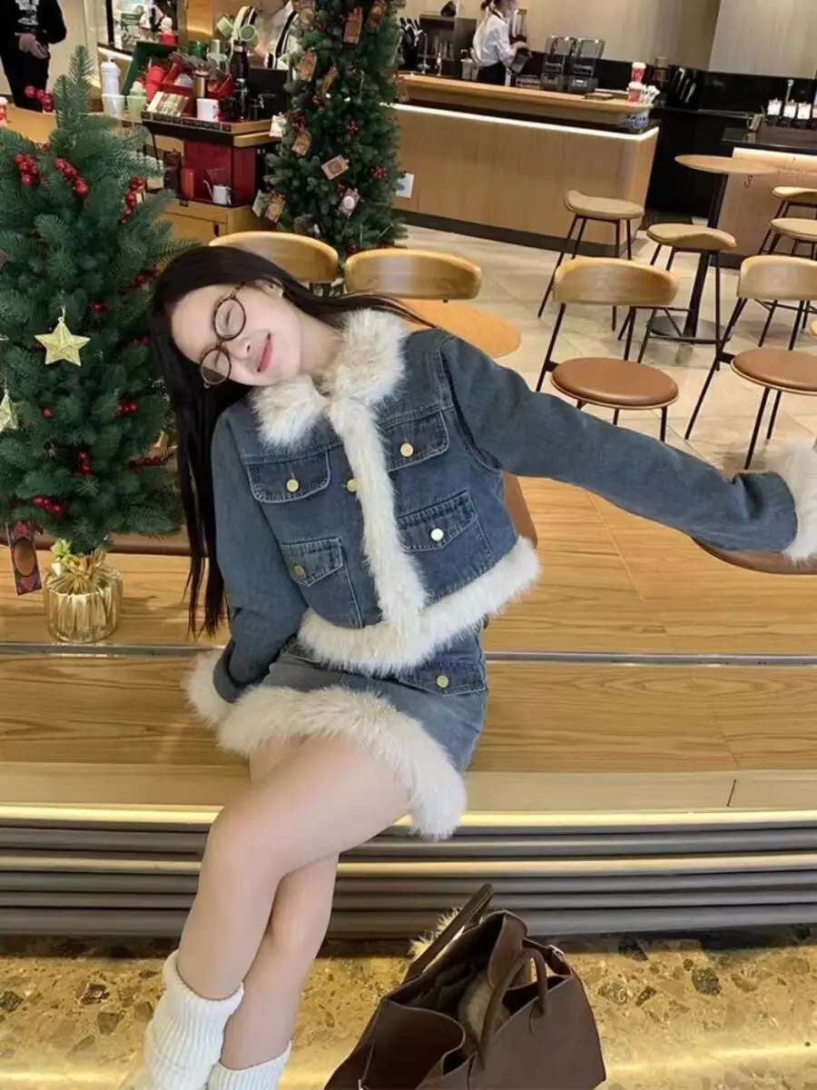 

Retro Denim Set Long Fluffy Jaet Midi Skirt Two-Piece Set Korean Drama Main Character Clothing High-End Feelings