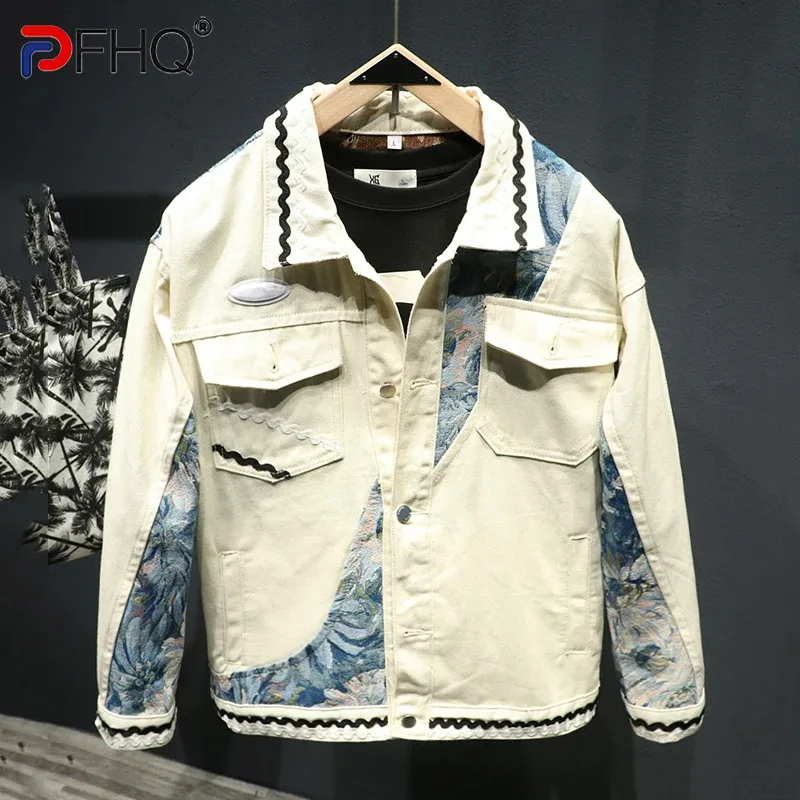 

PFHQ American Embroidery Splicing Denim Men's Jacket Spring Autumn Trendy Turn-down Collar Long Sleeve Male Tops 21Z6060