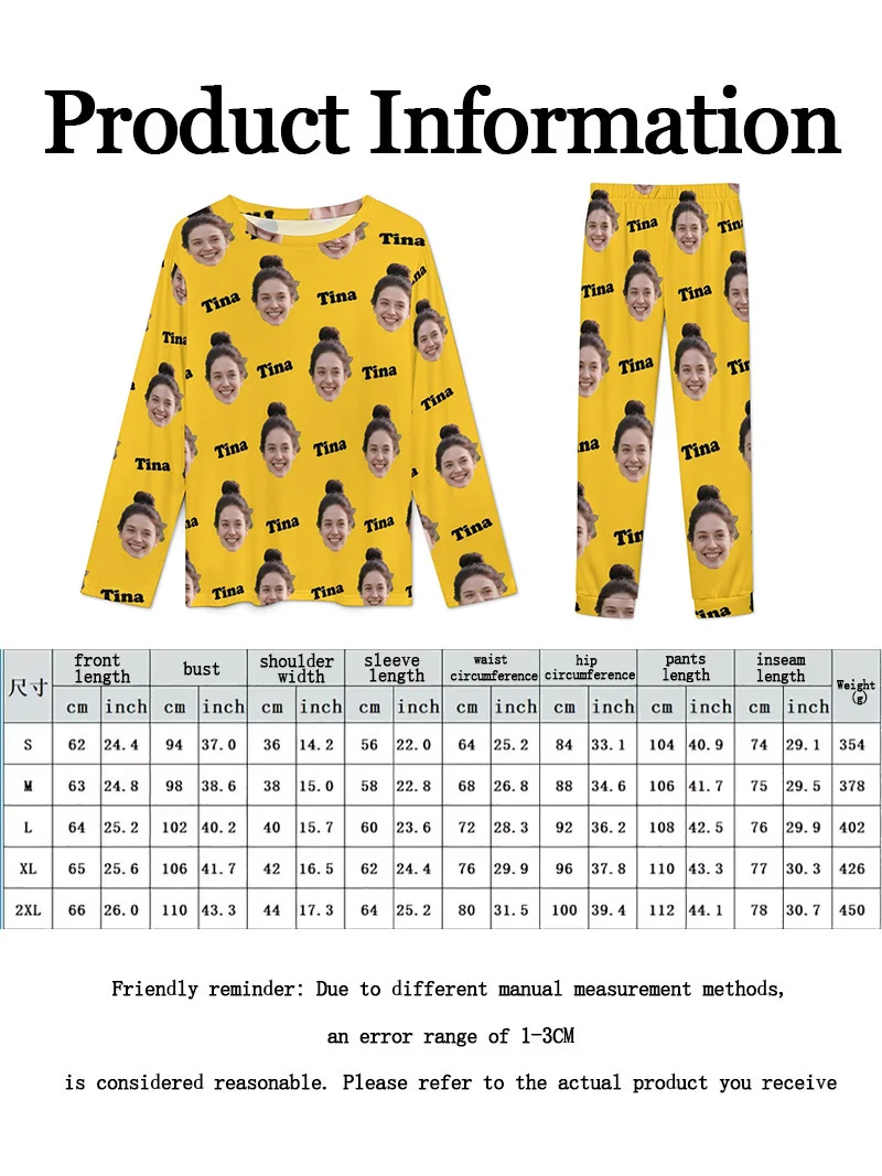 Benutzerdefiniertes Pyjama-Set mit Rundhalsausschnitt, personalisierte Bilder und Textgeschenke, Paare, Ehefrauen, Freunde, Haustiere, Familie