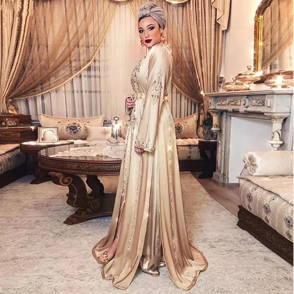 Customized Luxury Moroccan Caftan Formal Evening Dresses V-Neck Sparkly Crystal Beaded Arabic Muslim Party Guest Banquet Gowns