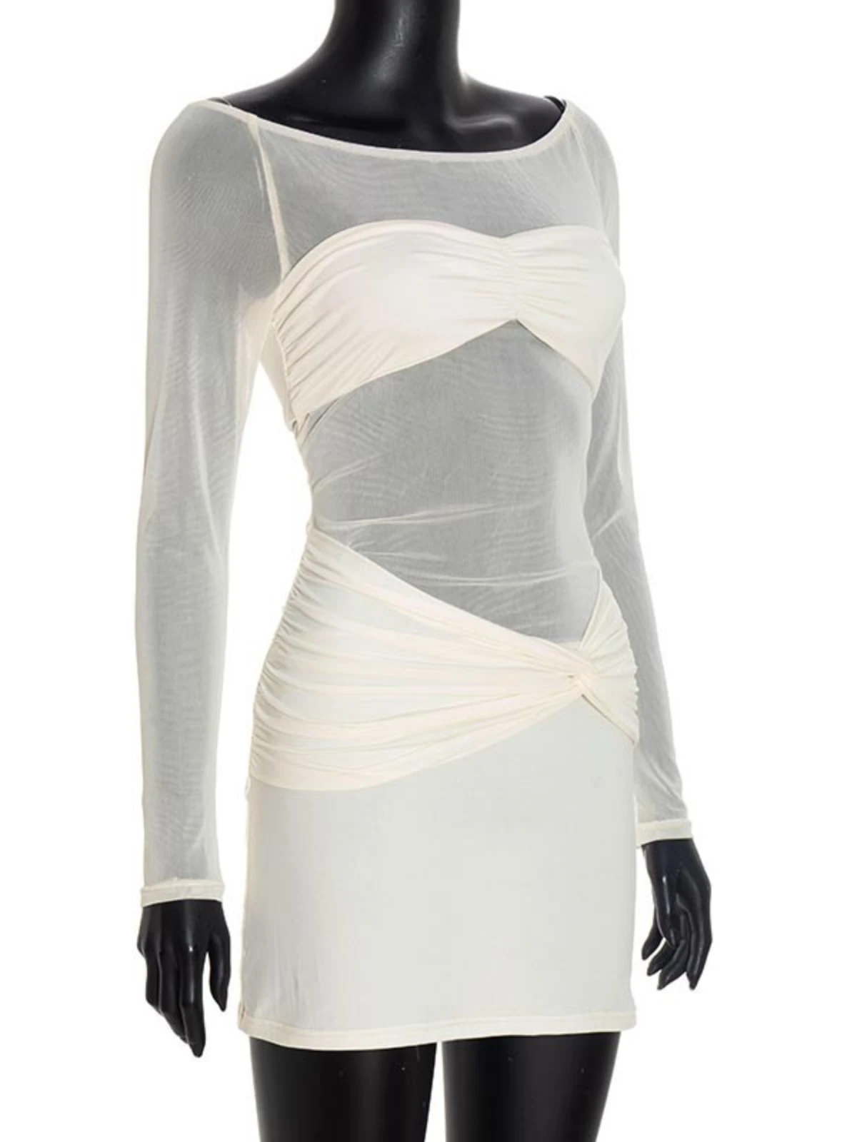 SsTss Mini abito aderente sexy in rete trasparente patchwork Donna Nuovo scollo a barchetta con spalle scoperte Manica lunga Twist Slim Abito corto da festa