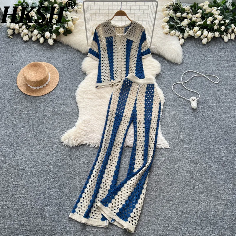 

HKSH Summer New Women Trendy Two-piece Set Hollow Out Contrast Color Turn-down Collar Short Sleeve Knit Tops Casual Pants HK8170