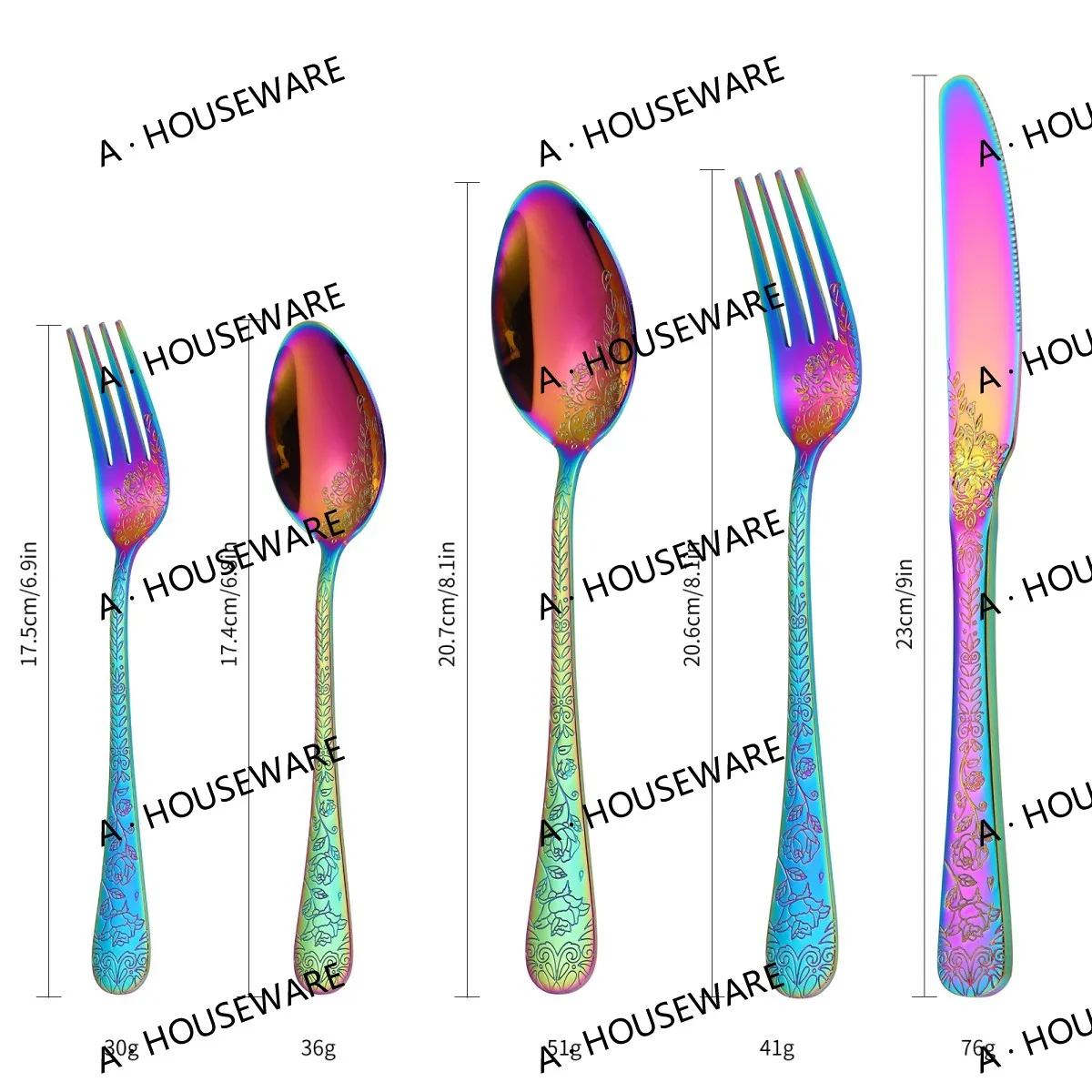 A · HOUSEWARE Rainbow Embossed Flatware Set 20 Piece Stainless Steel Silverware for 4 Cutlery with Floral Design Eating Utensils