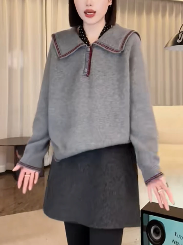 

Весна 2024, модный свободный вязаный свитер, корейский темно-синий воротник для поездок на работу, большой размер, повседневный Timel Overhead irt