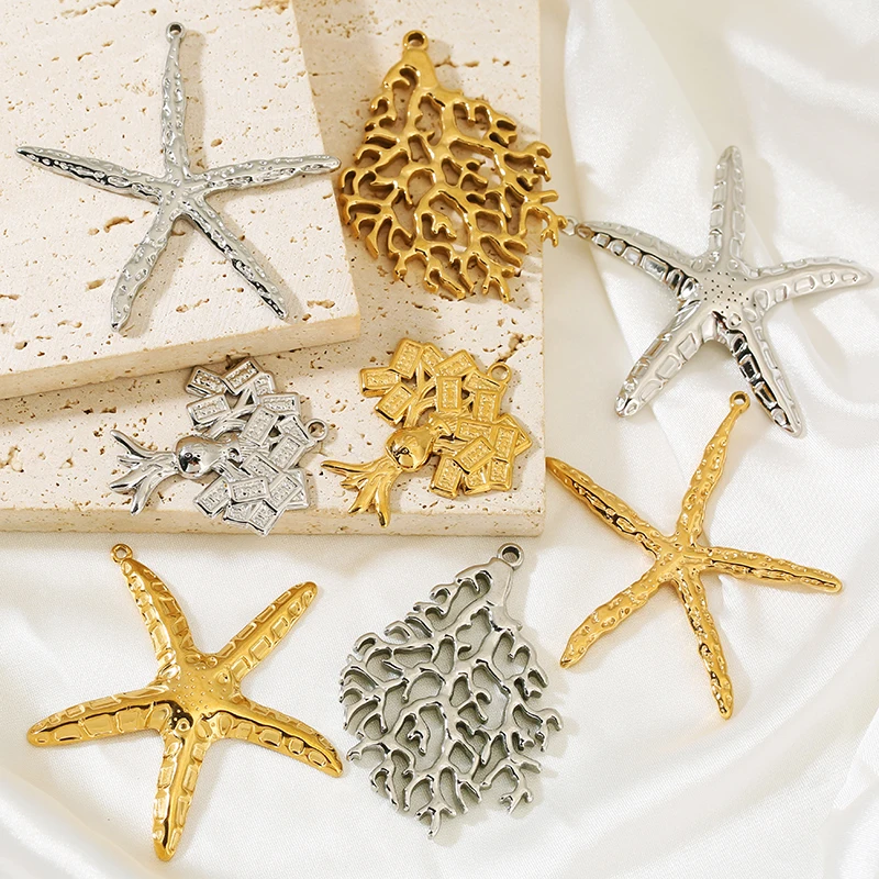 4pcs Stainless Steel Retro Coral Starfish Tree Root Charms DIY Necklace Earring for Women Jewelry Craft Materia Gifts Wholesale