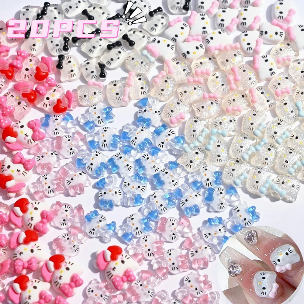 20PCS 3D Stereo Resin HelloKitty Nail Art Charms Pink/Blue/Black/White KT Cat Head DIY Nail Ornament Crafts for Manicure Decorat