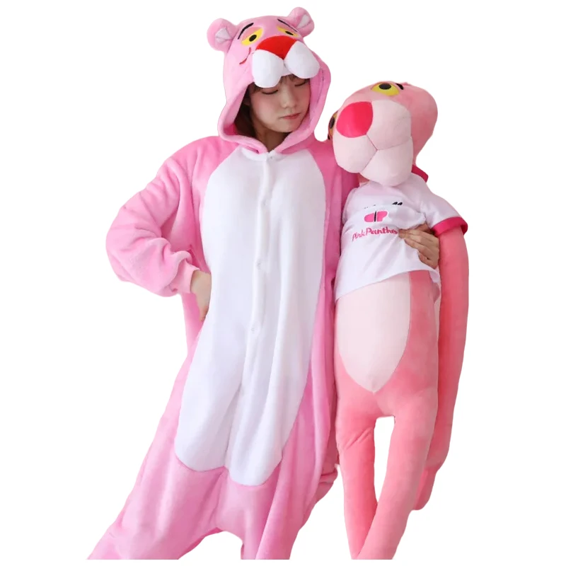 Anime Cartoon Pink Panther One-Piece Hooded Plush Pajamas Y2K Cute Pink Panther Anime Long-Sleeved Naughty Leopard Home Wear Set