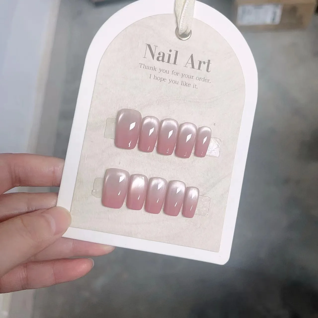 10pcs Medium French Ballet Nails Pink Cat Eye Simple Handmade False Nails Full Cover Fake Nails Tips Wearable Press on Nail Tips