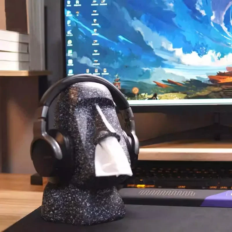 Creative Design Desktop Earphone Holder Easter Island Headphones Stand with Adorable Tissue Box Glasses Holder Headset Hanger