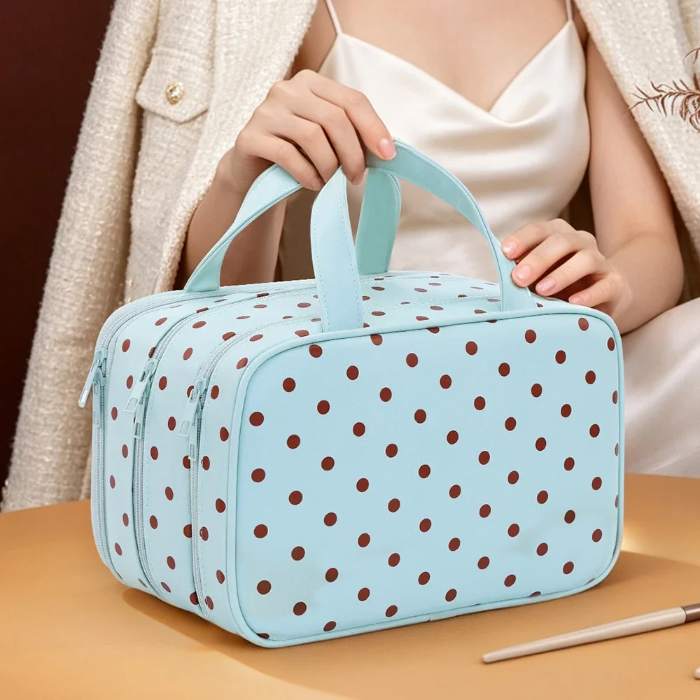 Gepunktete Kosmetiktasche mit großer Kapazität, wasserdichter PU-Reise-Toilettentaschen-Organizer, dreilagige Trennwand, Reise-Aufbewahrungstasche – Detail 13