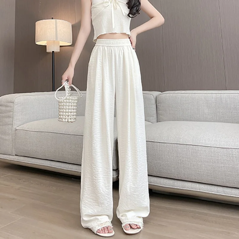 New Summer Thin Loose High Waist Casual Drapey Women's Pants Sakamoto Lazy Style Wide Leg Straight Cut Long Trousers