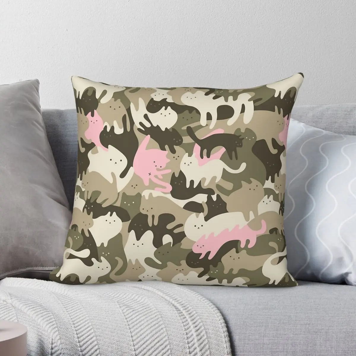 Catmouflage Light Pink Army Pillowcase Polyester Linen Velvet Pattern Zip Decor Throw Pillow Case Bed Cushion Cover