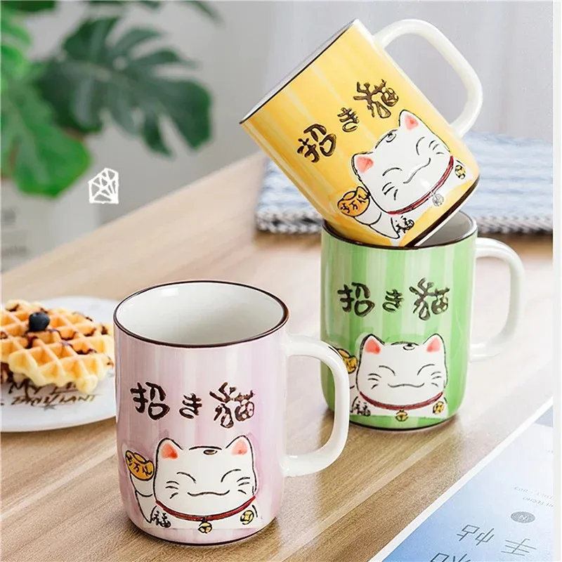 Ceramic Mug Japanese Cartoon Lucky Cat Water Cup High Capacity Home Kitchen Office Water Ware Drinkware 400ML Coffee Tea Cup