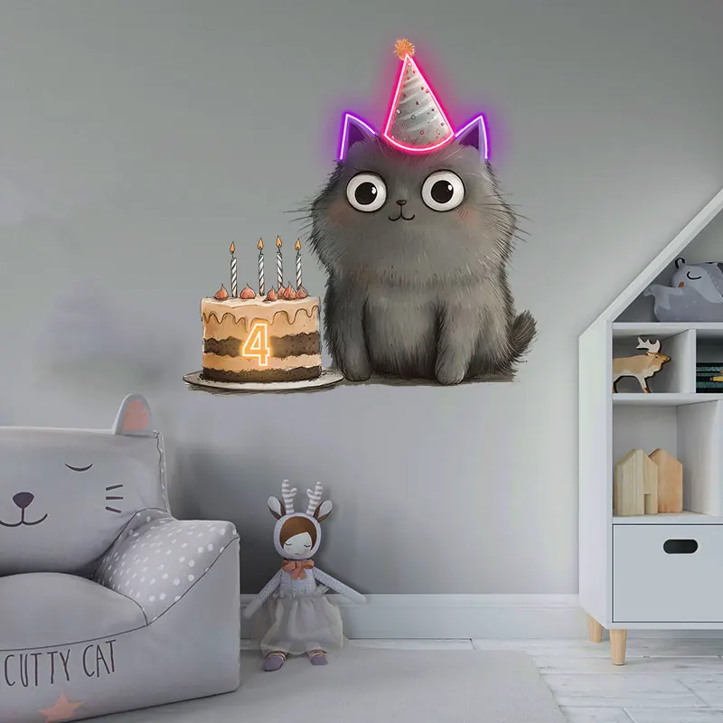 Adorable Cat Birthday Party Neon Light – Cute LED Hat & Cake Decoration for Kids 4th Birthday Celebration, Festive Gift Ideas