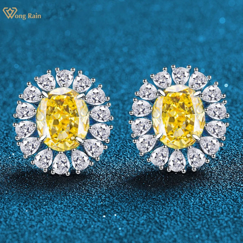 Wong Rain 100% 925 Sterling Silver 10*12MM Oval Citrine Emerald Ruby Sapphire High Carbon Diamond Ear Stud Earrings Fine Jewelry