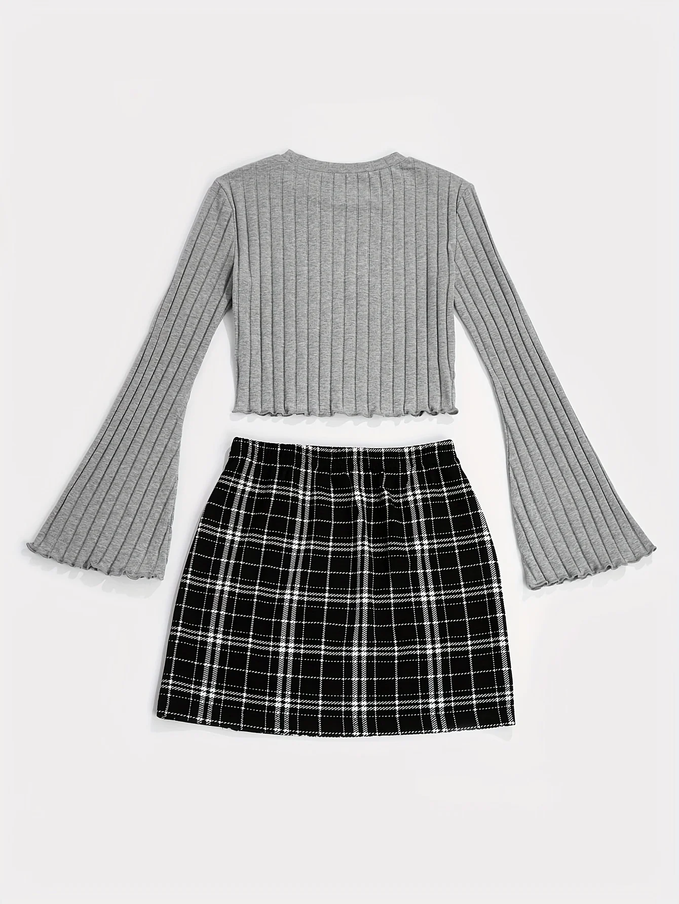 Casual Colorblock Two-piece Skirt Set Ribbed Crew Neck Long Sleeve Top & Plaid Skirt Women\'s Clothing