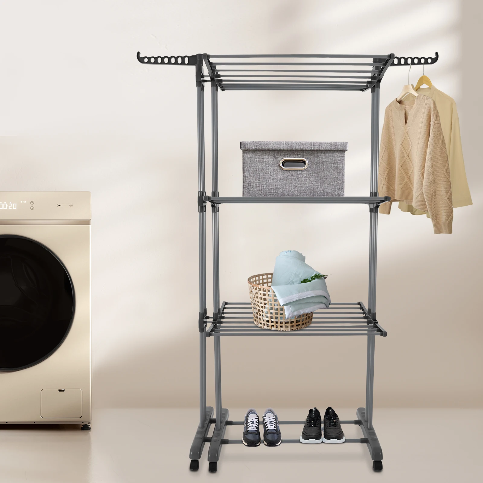 

Grey Carbon Steel PP 151*49*176cm Collapsible Telescopic Clothes Rack 3-layer Double-row Drying Rack Mobile Storage Rack