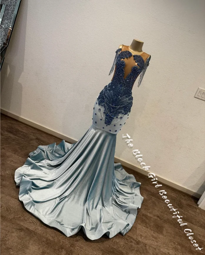 Elegant Sky Blue Luxury Rhinestone Evening Dresses Exquisite Beaded Sequins Tassels Party Dress New African Girls Fishtail Dress