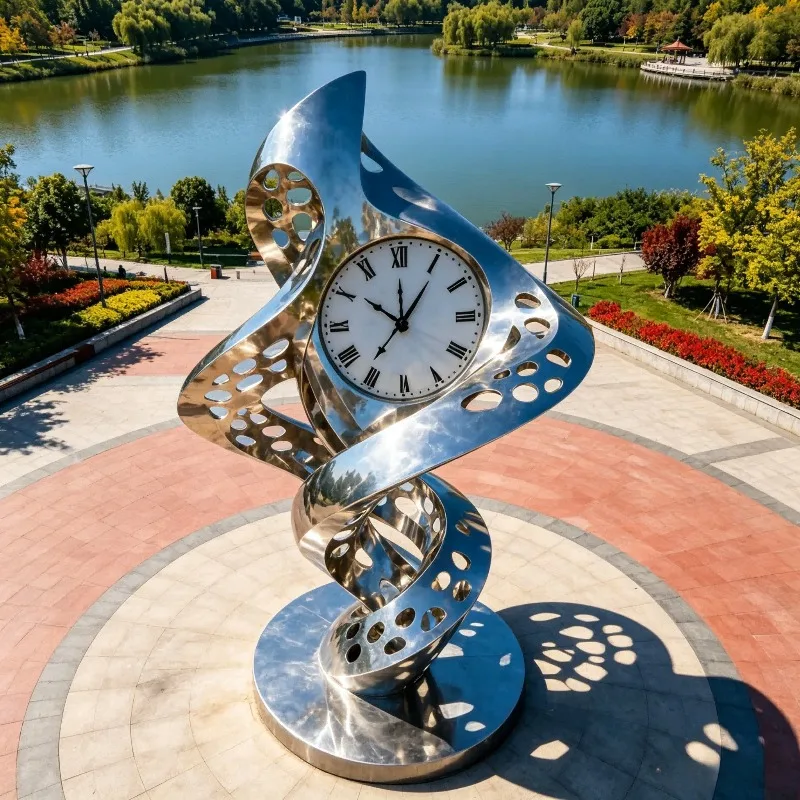 Geometric Abstract Clock Stainless Steel Sculpture Mirror Polished Custom Landmark Decor For Outdoor City Square Landscape